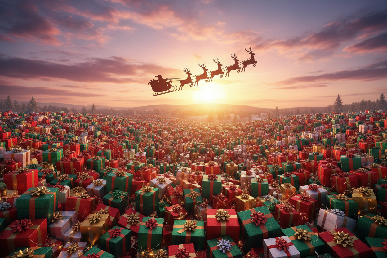 A sea of gifts with santa and his sleigh flying over the setting sun landscape 